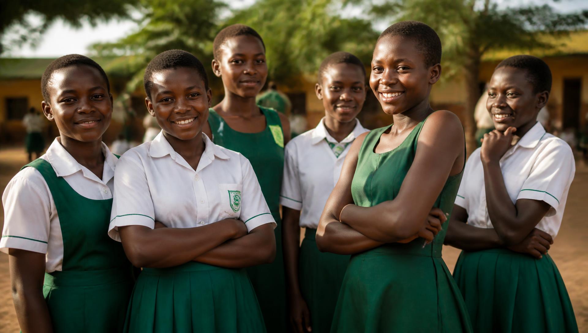Ghanaian schoolgirls in green and white uniforms standing together in their schoolyard